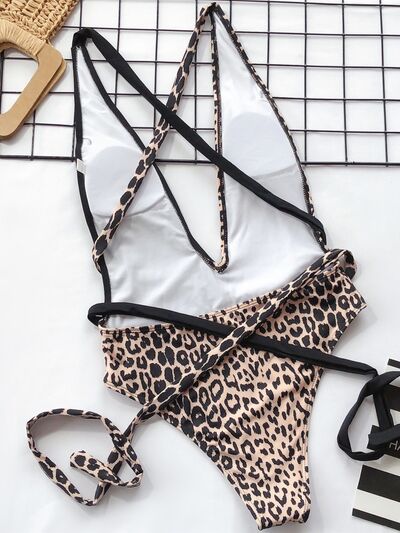 Tied Leopard Plunge One-Piece Swimwear - Heritage Couture