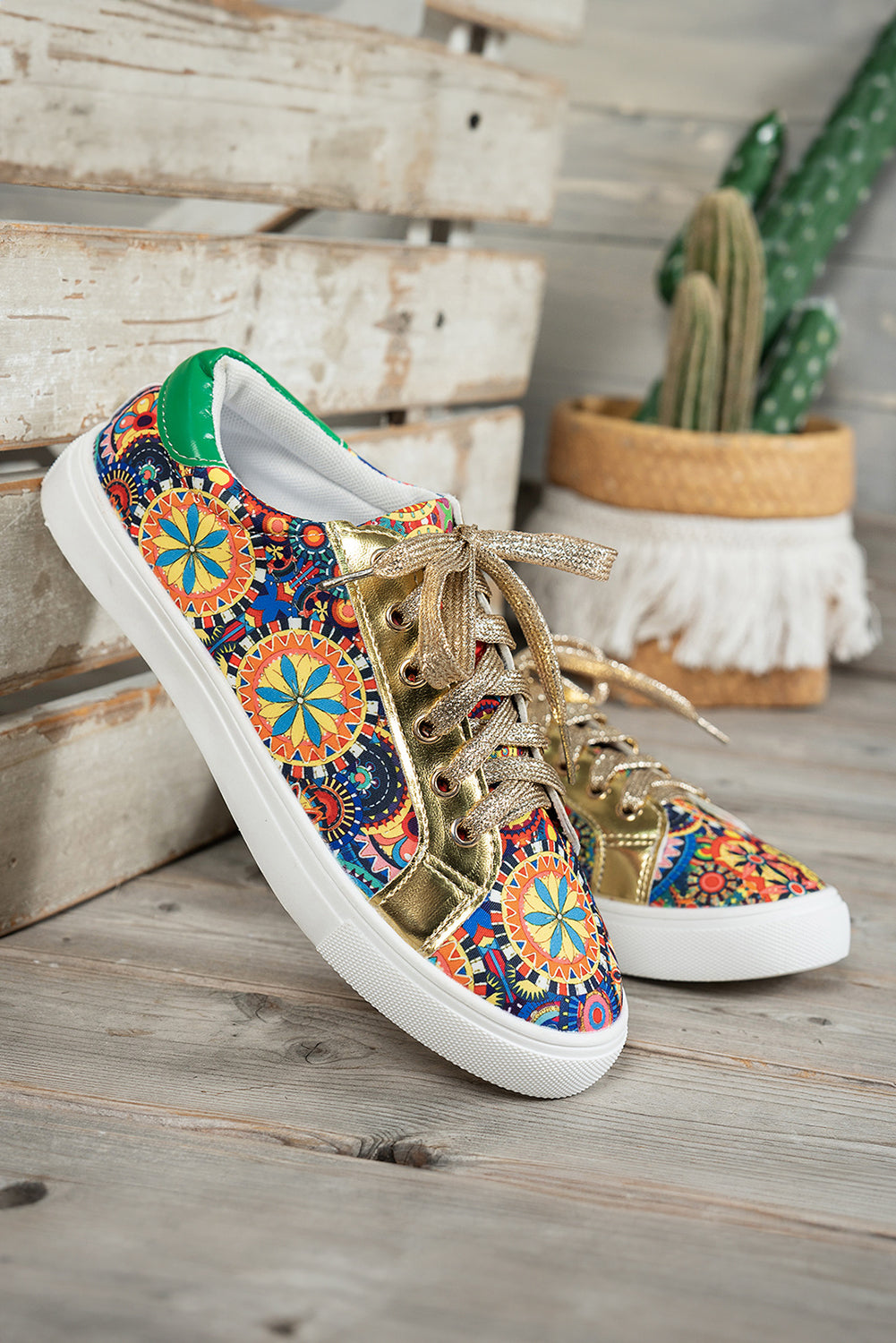 Gold Boho Geometric print Lace Up Sneakers - Heritage Couture