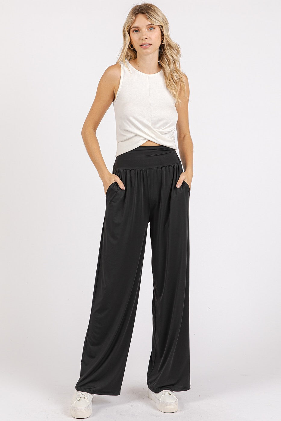 Mittoshop Stretch Banded Waist Wide Leg Pants with Pockets - Heritage Couture