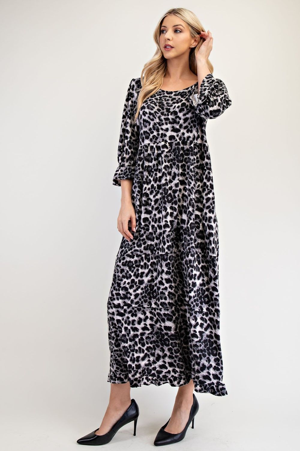 Celeste Full Size Leopard Round Neck Flounce Sleeve Dress - Heritage Couture