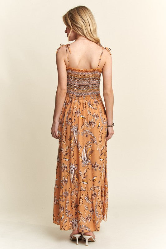 ADORA Smocked Printed Square Neck Tie Shoulder Cami Dress - Heritage Couture