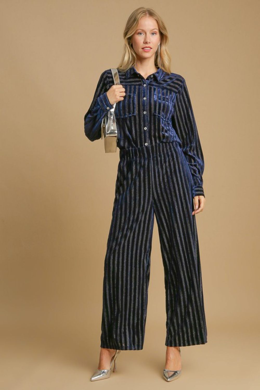 Umgee Full Size Elastic Waist Striped Wide Leg Velvet Pants - Heritage Couture