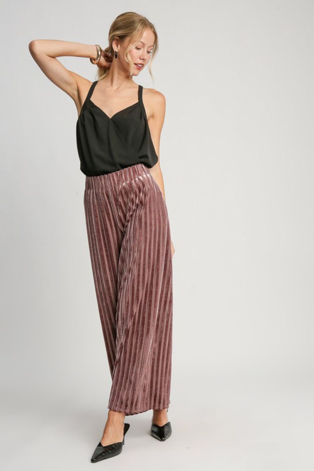 Umgee Full Size Elastic Waist Striped Wide Leg Velvet Pants - Heritage Couture