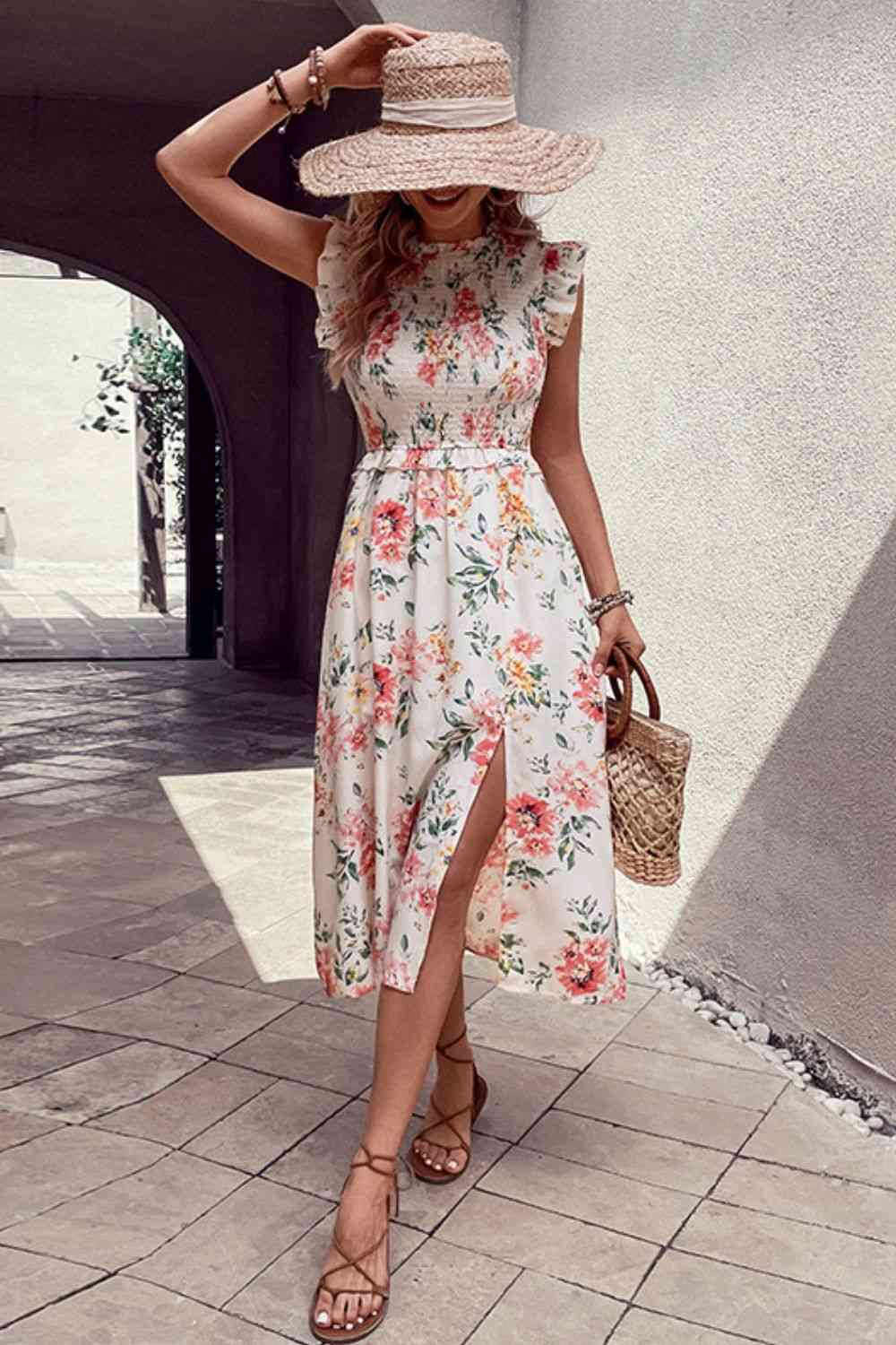 Perfee Floral Smocked Butterfly Sleeve Slit Dress - Heritage Couture
