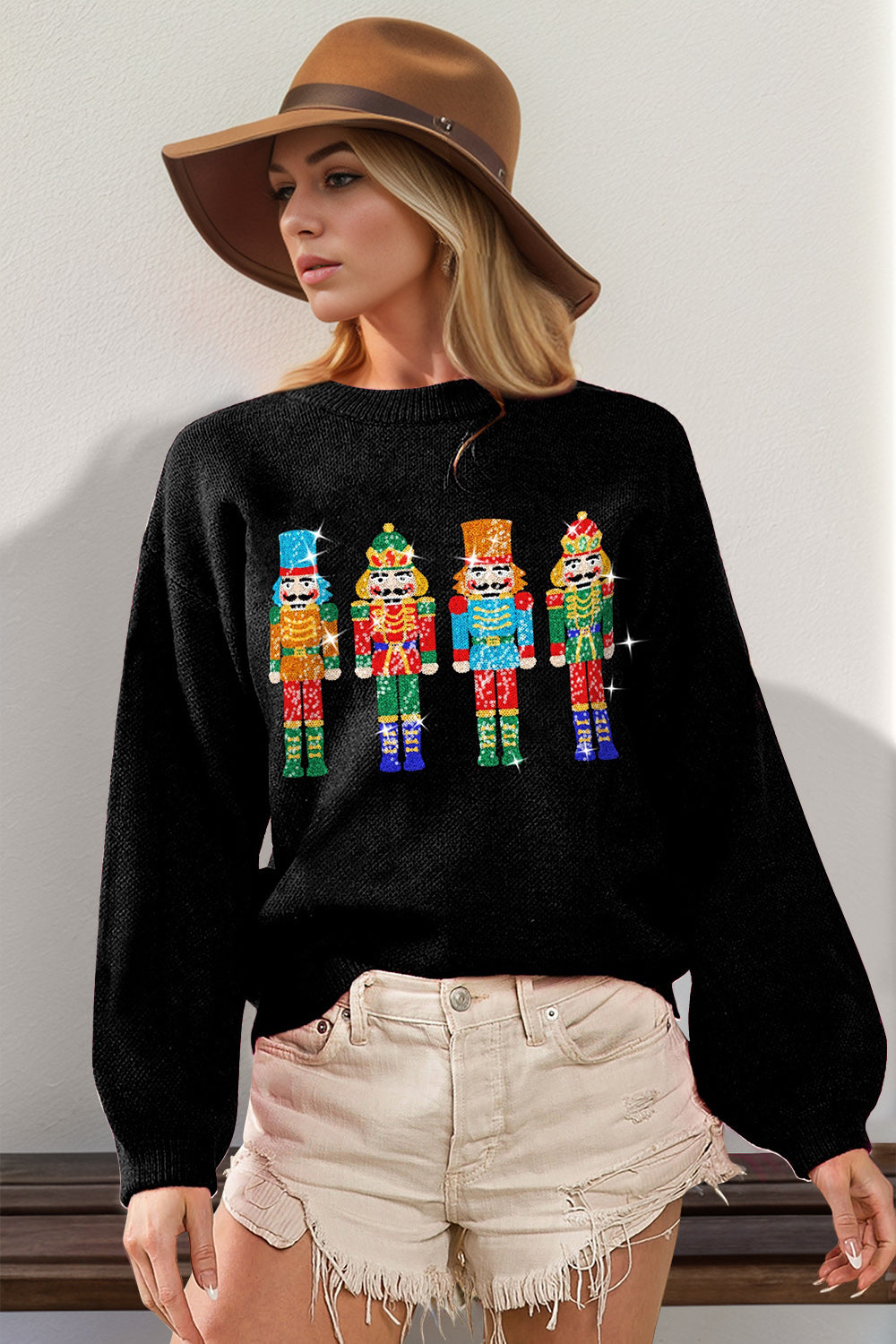 Double Take Full Size Sequin Nutcracker Long Sleeve Sweater - Heritage Couture