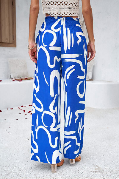 Devine Smocked Printed Wide Leg Pants with Pockets - Heritage Couture
