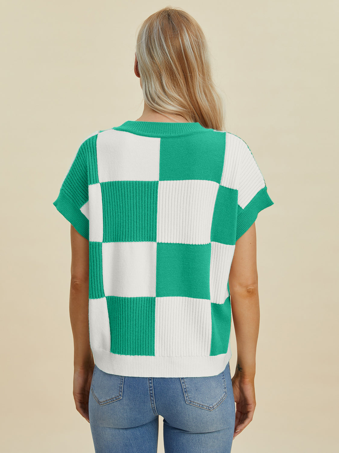 Double Take Full Size Checkered Round Neck Short Sleeve Sweater - Heritage Couture