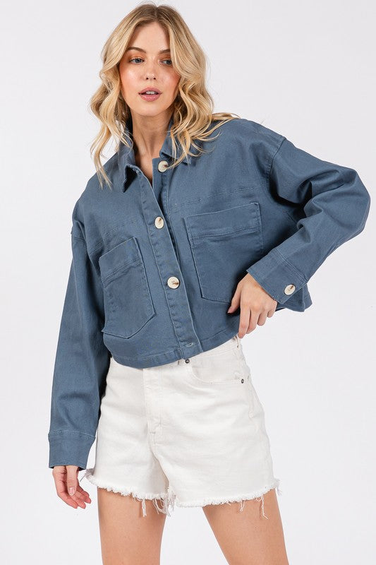 bytos Button Down Cropped Denim Jacket with Patch Pockets - Heritage Couture