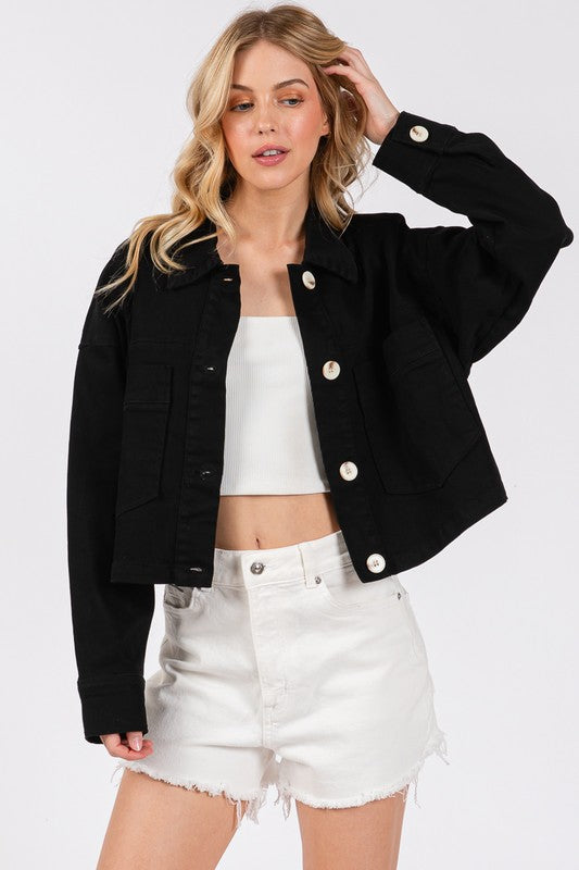 bytos Button Down Cropped Denim Jacket with Patch Pockets - Heritage Couture