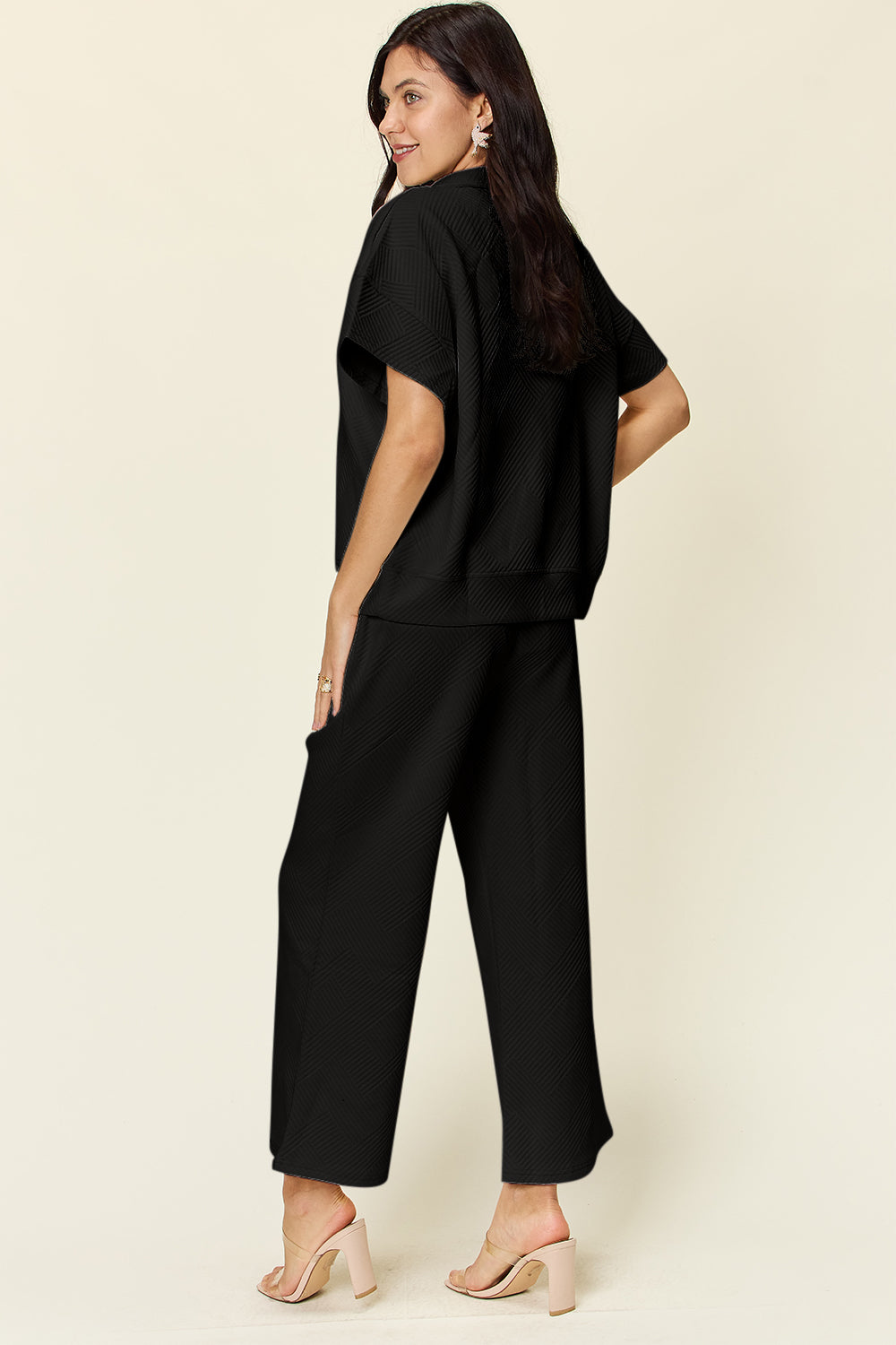 Double Take Full Size Texture Half Zip Short Sleeve Top and Pants Set - Heritage Couture