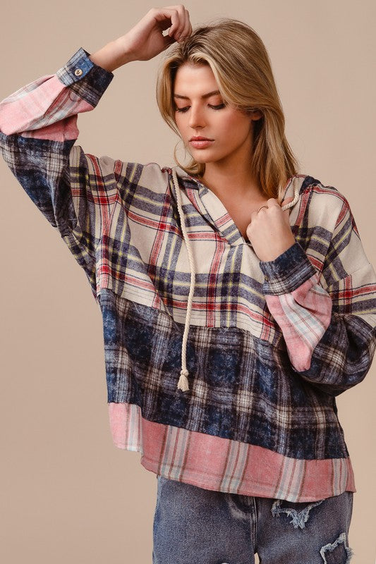BiBi Drawstring Plaid Drop Shoulder Hoodie - Heritage Couture