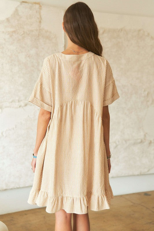 ADORA Ruffled Hem Striped V-Neck Babydoll Dress - Heritage Couture