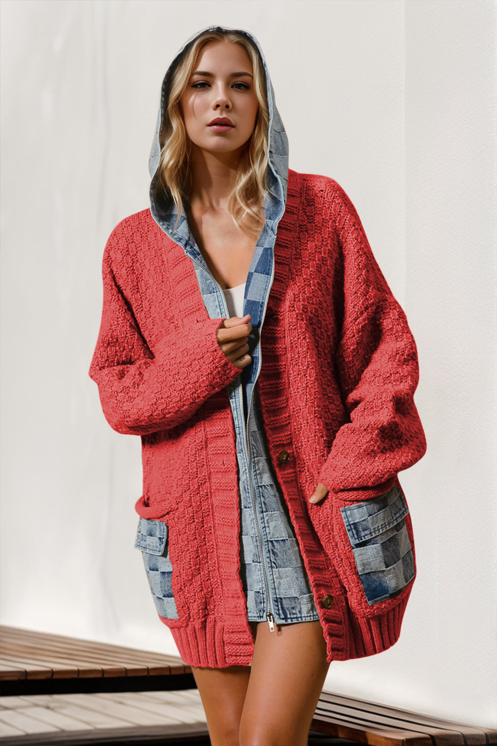 Double Take Full Size Hooded Denim Spliced Sweater Cardigan - Heritage Couture  