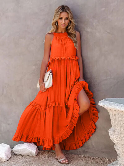Ruffled Sleeveless Tiered Maxi Dress with Pockets - Heritage Couture  