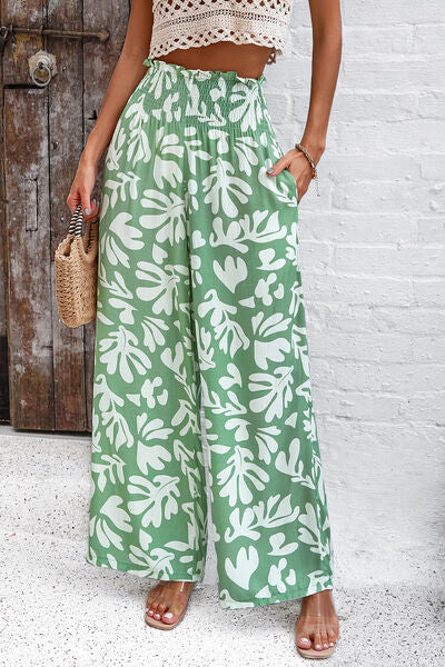 Devine Smocked Printed Wide Leg Pants with Pockets - Heritage Couture  