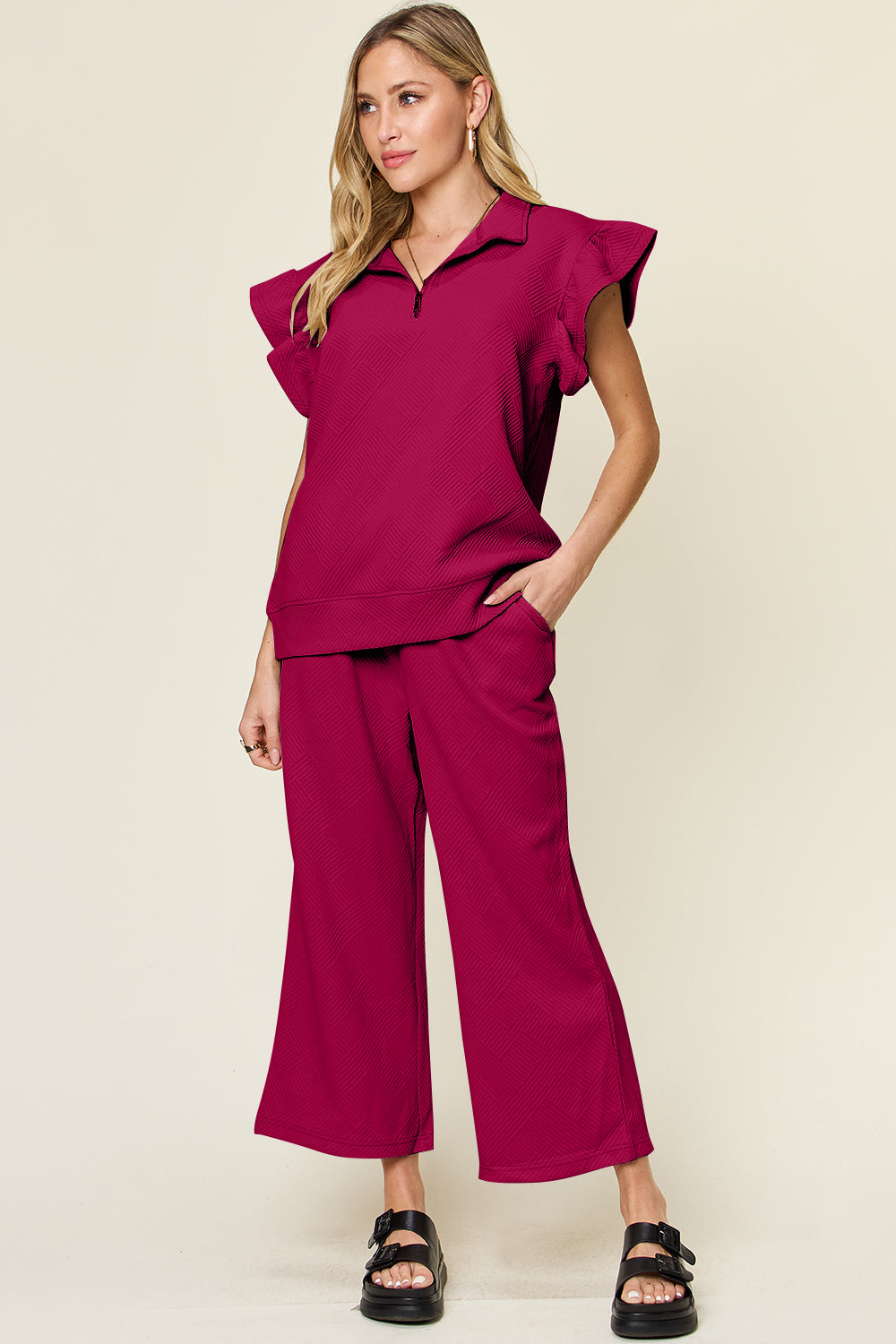 Double Take Texture Ruffle Short Sleeve Top and Drawstring Wide Leg Pants Set - Heritage Couture  