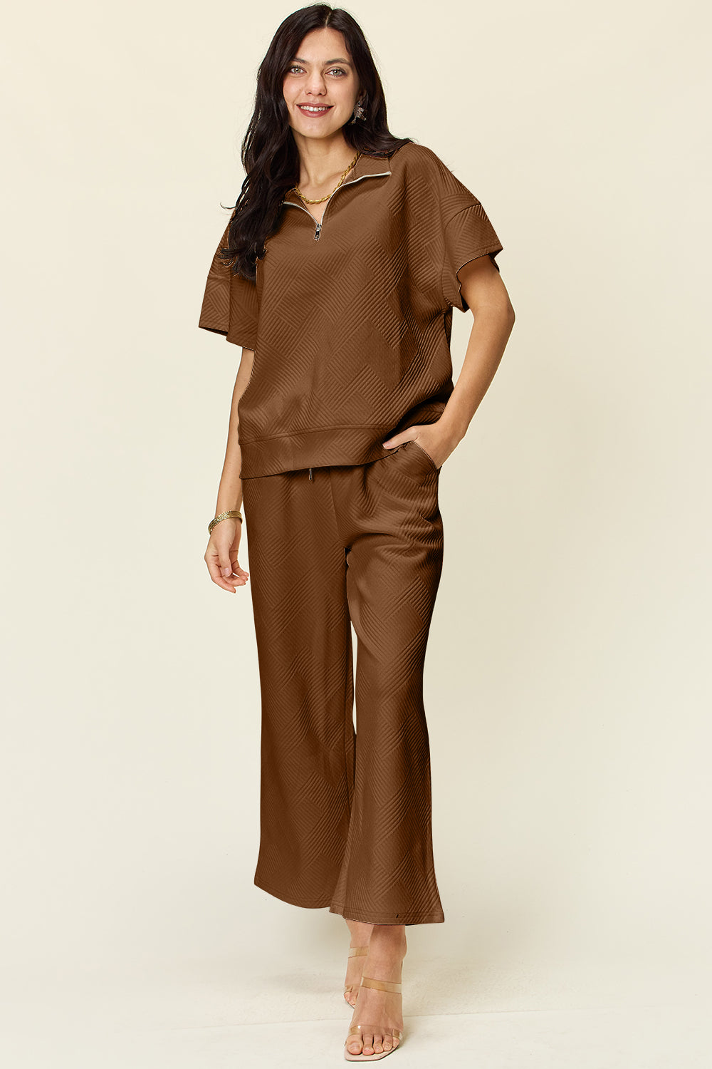 Double Take Full Size Texture Half Zip Short Sleeve Top and Pants Set - Heritage Couture  