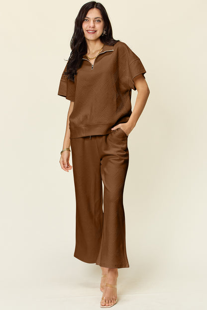 Double Take Full Size Texture Half Zip Short Sleeve Top and Pants Set - Heritage Couture  
