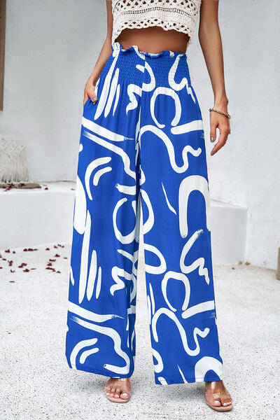 Devine Smocked Printed Wide Leg Pants with Pockets - Heritage Couture  