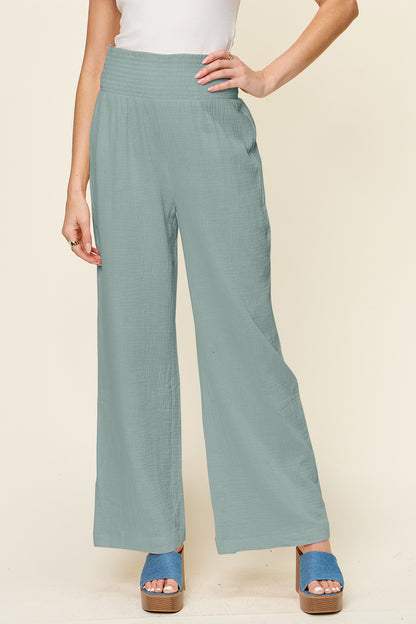 Double Take Full Size Texture Smocked Waist Wide Leg Pants - Heritage Couture  