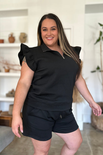 Double Take Full Size Texture Flounce Sleeve Top and Shorts Set - Heritage Couture  