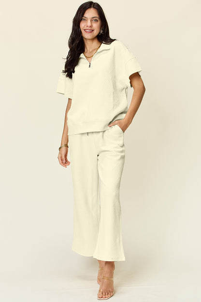 Double Take Full Size Texture Half Zip Short Sleeve Top and Pants Set - Heritage Couture  