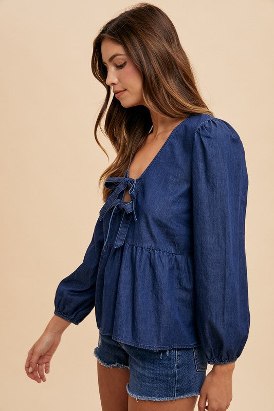 Annie Wear Tie Front Peplum Long Sleeve Denim Top - Heritage Couture  