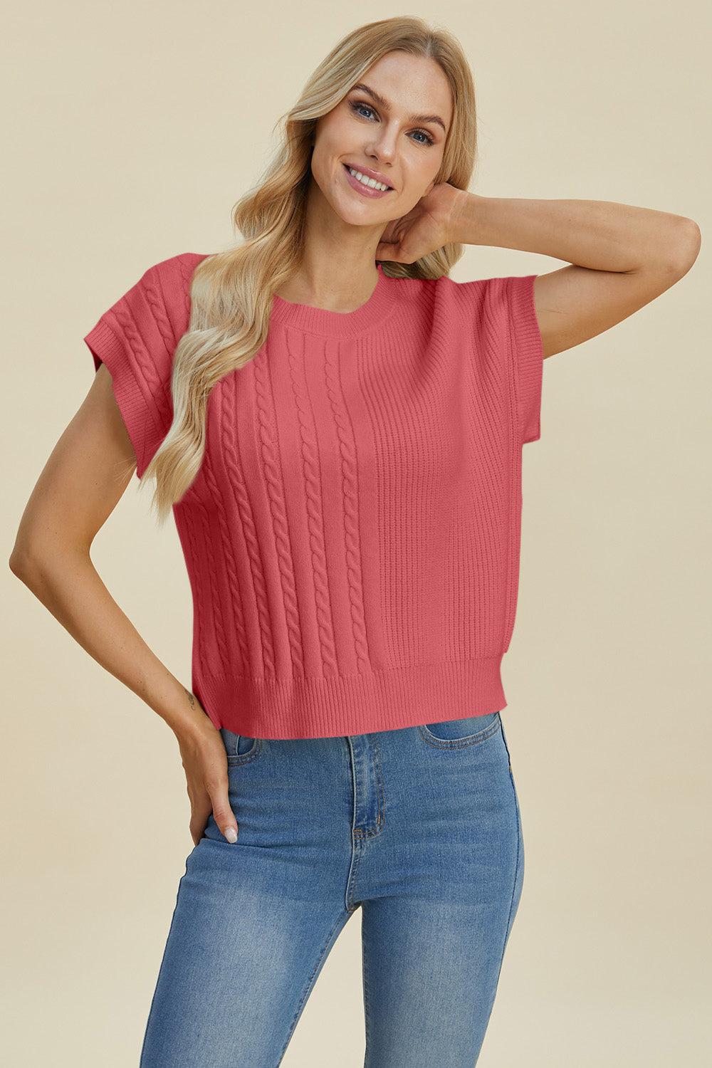 Double Take Full Size Cable-Knit Round Neck Short Sleeve Sweater - Heritage Couture  