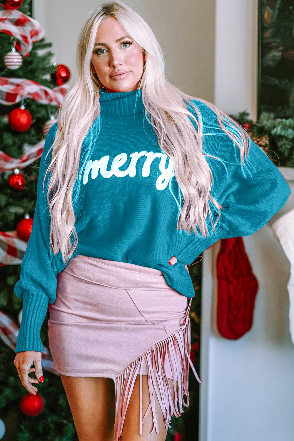 Double Take Full Size Merry Christmas Turtleneck Long Sleeve Sweater - Heritage Couture  