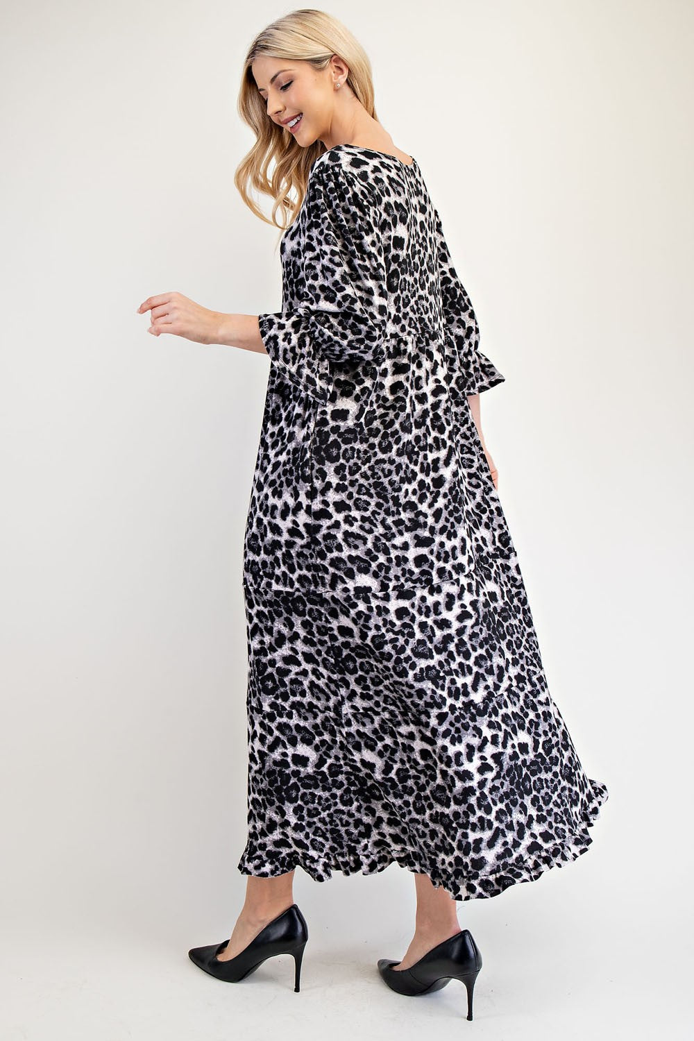 Celeste Full Size Leopard Round Neck Flounce Sleeve Dress - Heritage Couture  
