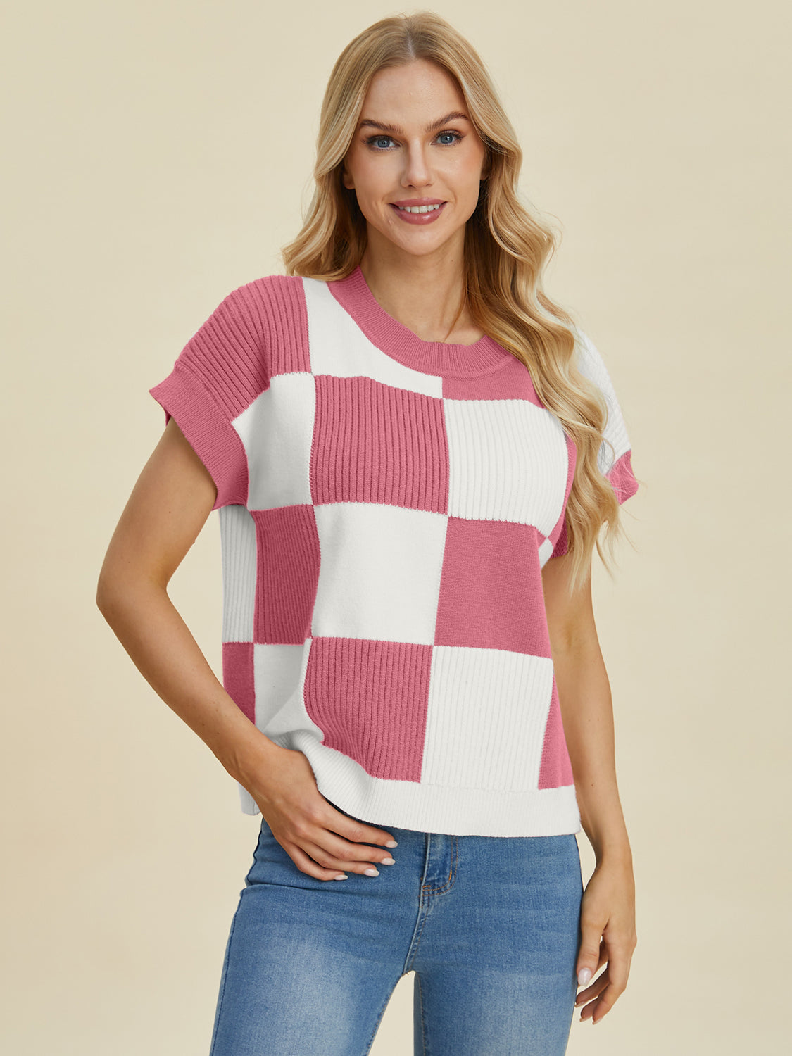 Double Take Full Size Checkered Round Neck Short Sleeve Sweater - Heritage Couture  