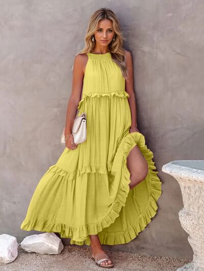 Ruffled Sleeveless Tiered Maxi Dress with Pockets - Heritage Couture  