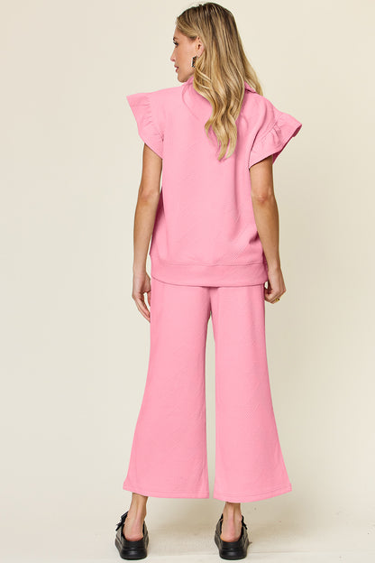 Double Take Texture Ruffle Short Sleeve Top and Drawstring Wide Leg Pants Set - Heritage Couture  