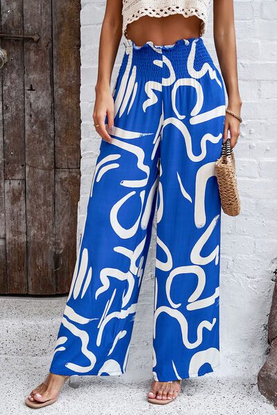 Devine Smocked Printed Wide Leg Pants with Pockets - Heritage Couture  