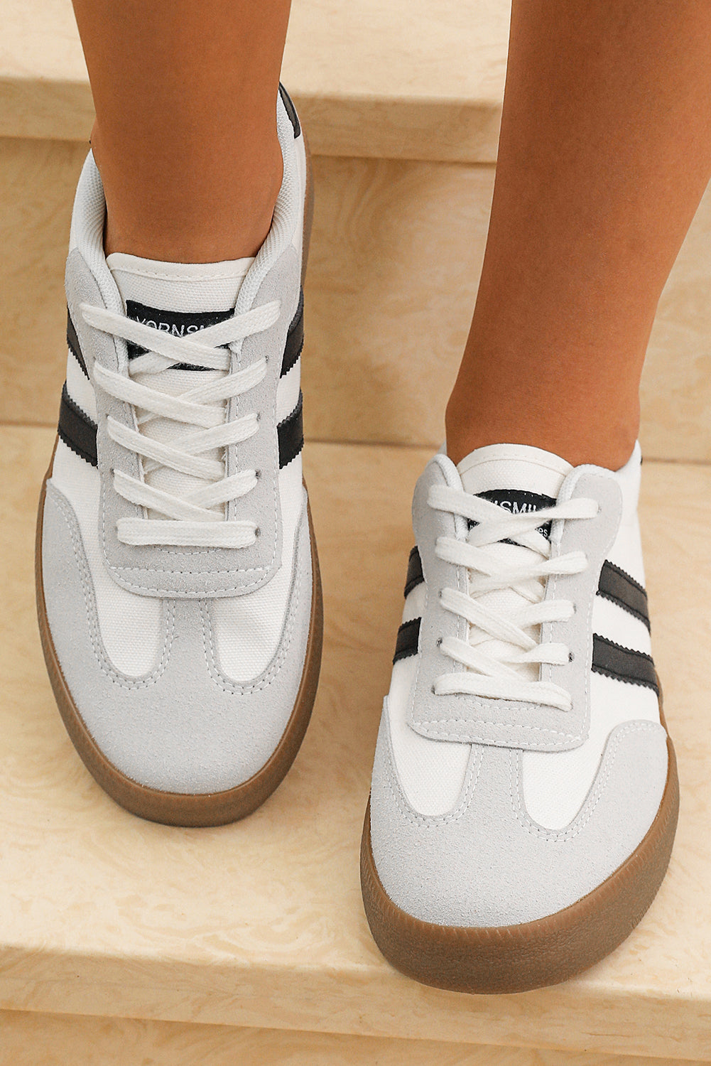 White Striped Lace Up Flat Sneakers - Heritage Couture  