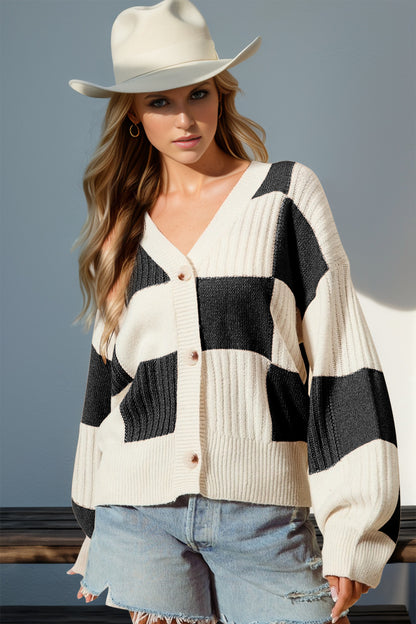 Double Take Full Size Checkered Dropped Shoulder Cardigan - Heritage Couture  