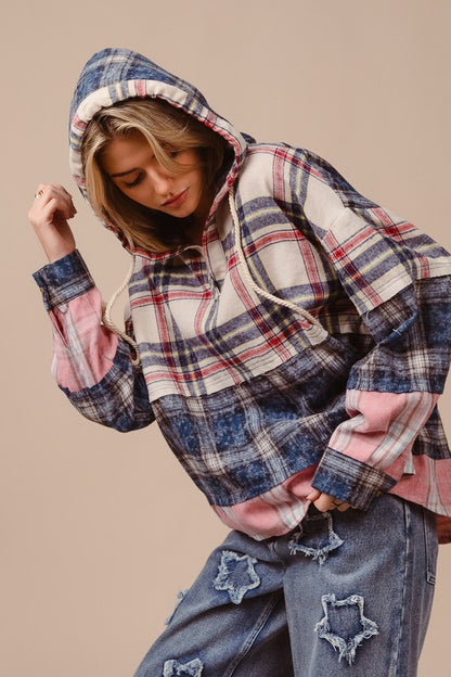 BiBi Drawstring Plaid Drop Shoulder Hoodie - Heritage Couture  