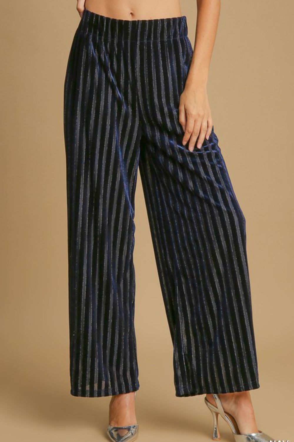Umgee Full Size Elastic Waist Striped Wide Leg Velvet Pants - Heritage Couture  