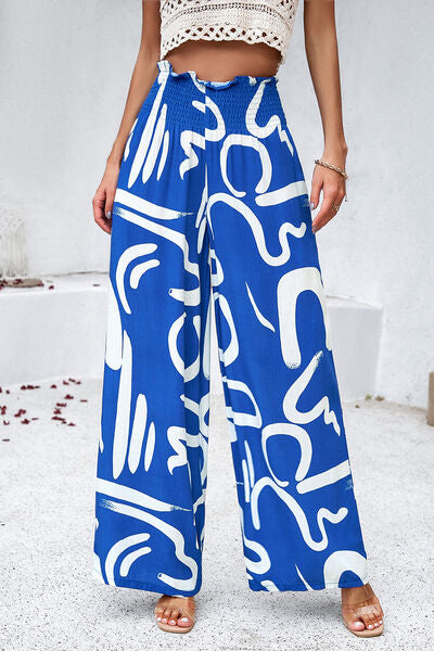Devine Smocked Printed Wide Leg Pants with Pockets - Heritage Couture  