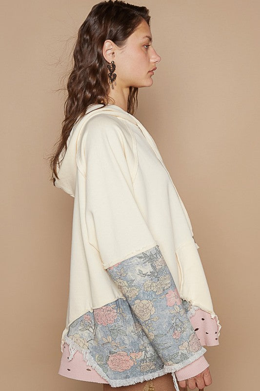 POL Floral Patchwork Distressed Drawstring Hoodie - Heritage Couture  