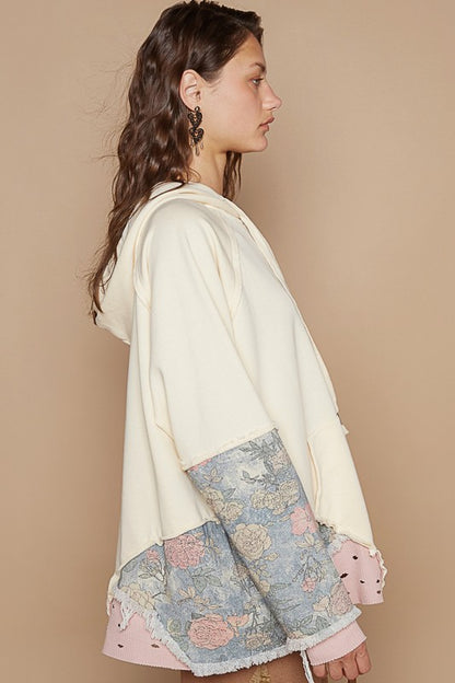POL Floral Patchwork Distressed Drawstring Hoodie - Heritage Couture  