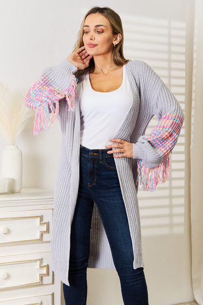 Woven Right Fringe Sleeve Dropped Shoulder Cardigan - Heritage Couture  