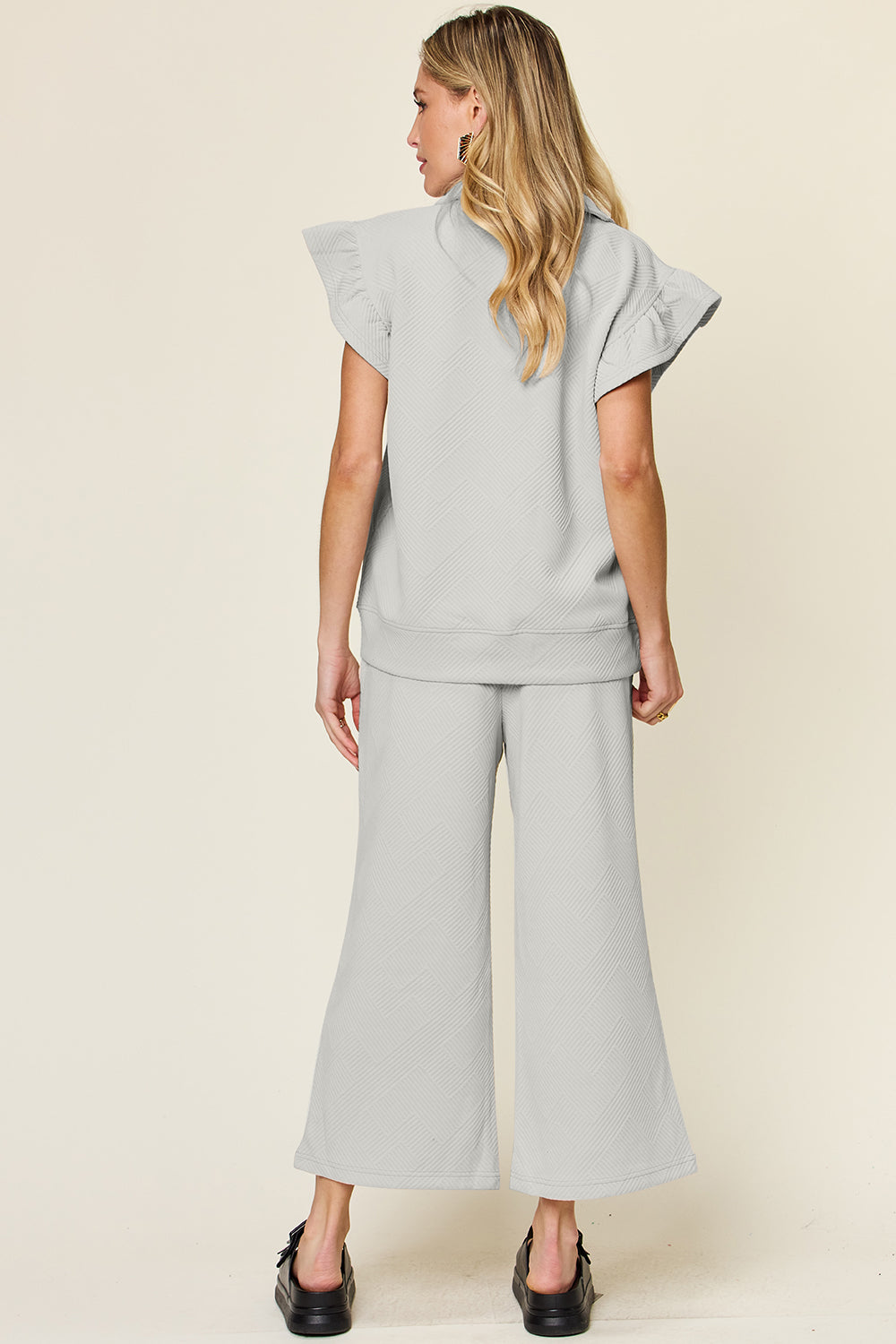 Double Take Texture Ruffle Short Sleeve Top and Drawstring Wide Leg Pants Set - Heritage Couture  