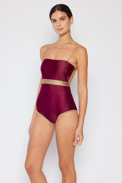 Marina West Swim Wave Break Contrast Trim One-Piece in Wine - Heritage Couture  