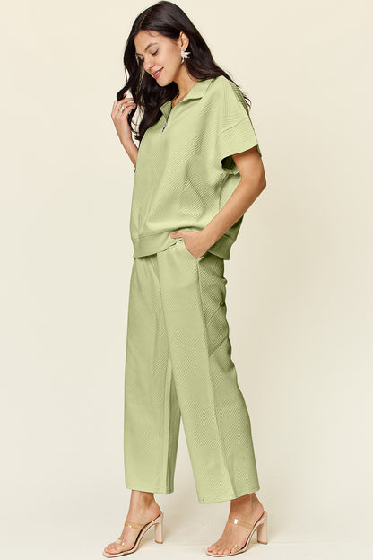 Double Take Full Size Texture Half Zip Short Sleeve Top and Pants Set - Heritage Couture  