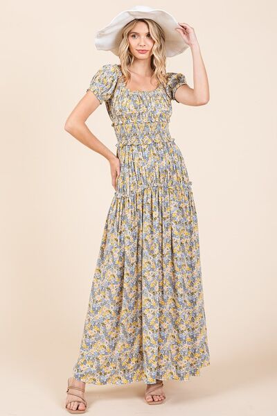 Mittoshop Flower Print Puff Sleeve Gathered Maxi Dress - Heritage Couture  