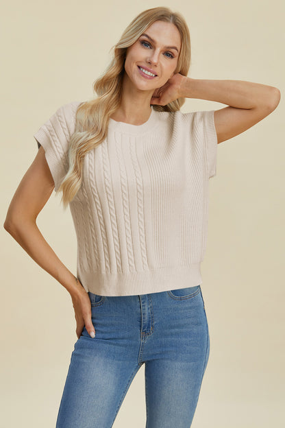 Double Take Full Size Cable-Knit Round Neck Short Sleeve Sweater - Heritage Couture  