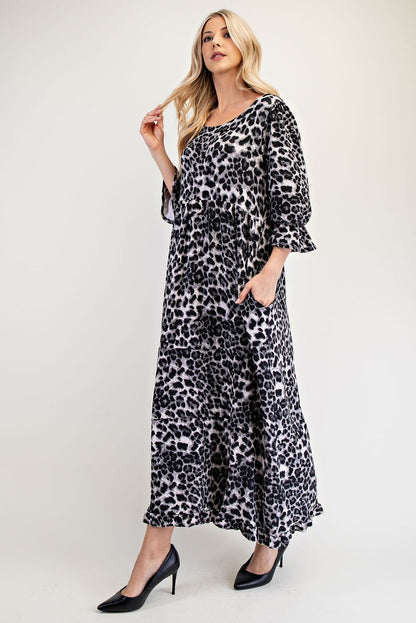 Celeste Full Size Leopard Round Neck Flounce Sleeve Dress - Heritage Couture  