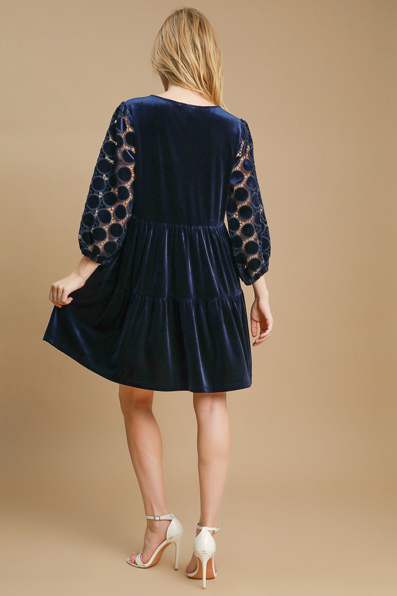 Umgee Dotted Lace Sleeve Tiered Velvet Mini Dress - Heritage Couture  