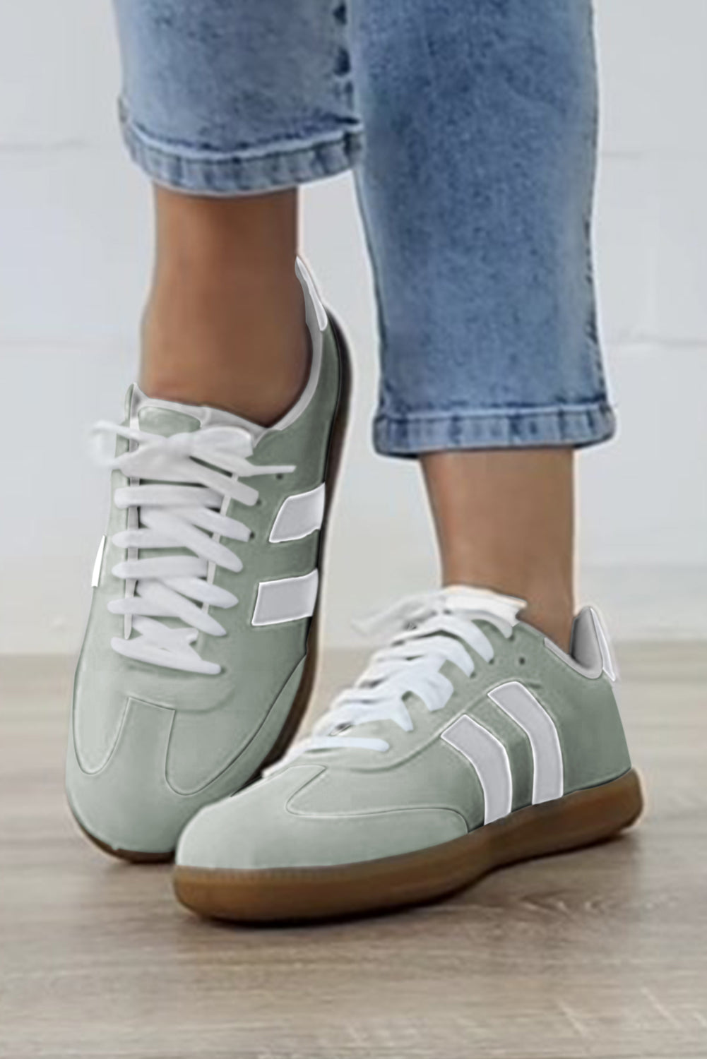 White Striped Lace Up Flat Sneakers - Heritage Couture  